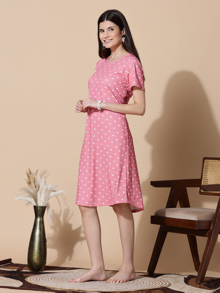 Gloss malai peach pink heart printed short nighty for women