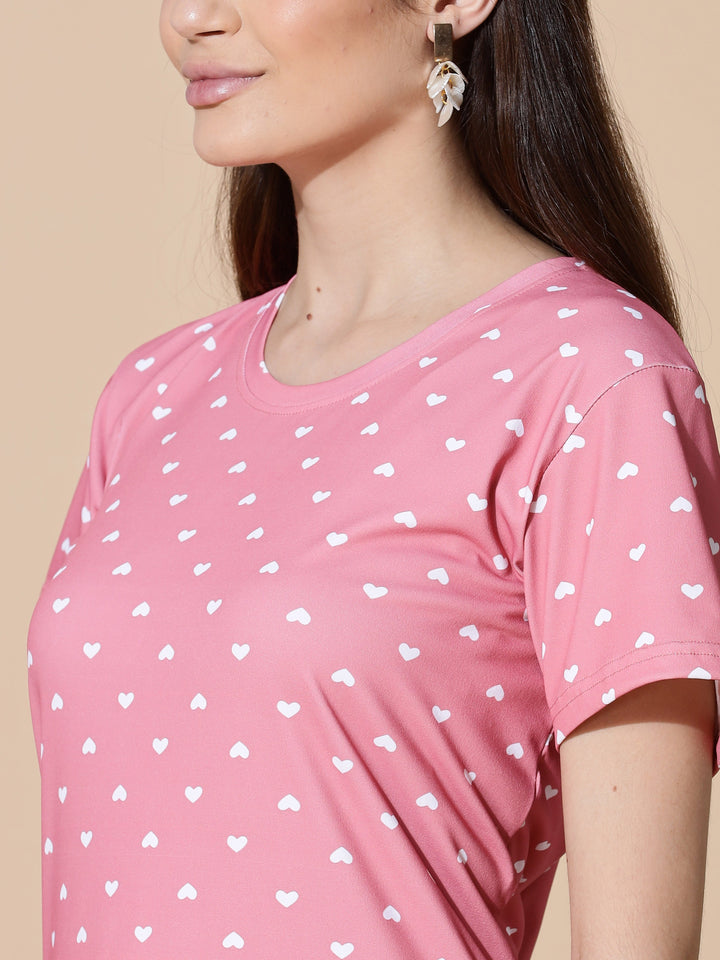 Gloss malai peach pink heart printed short nighty for women