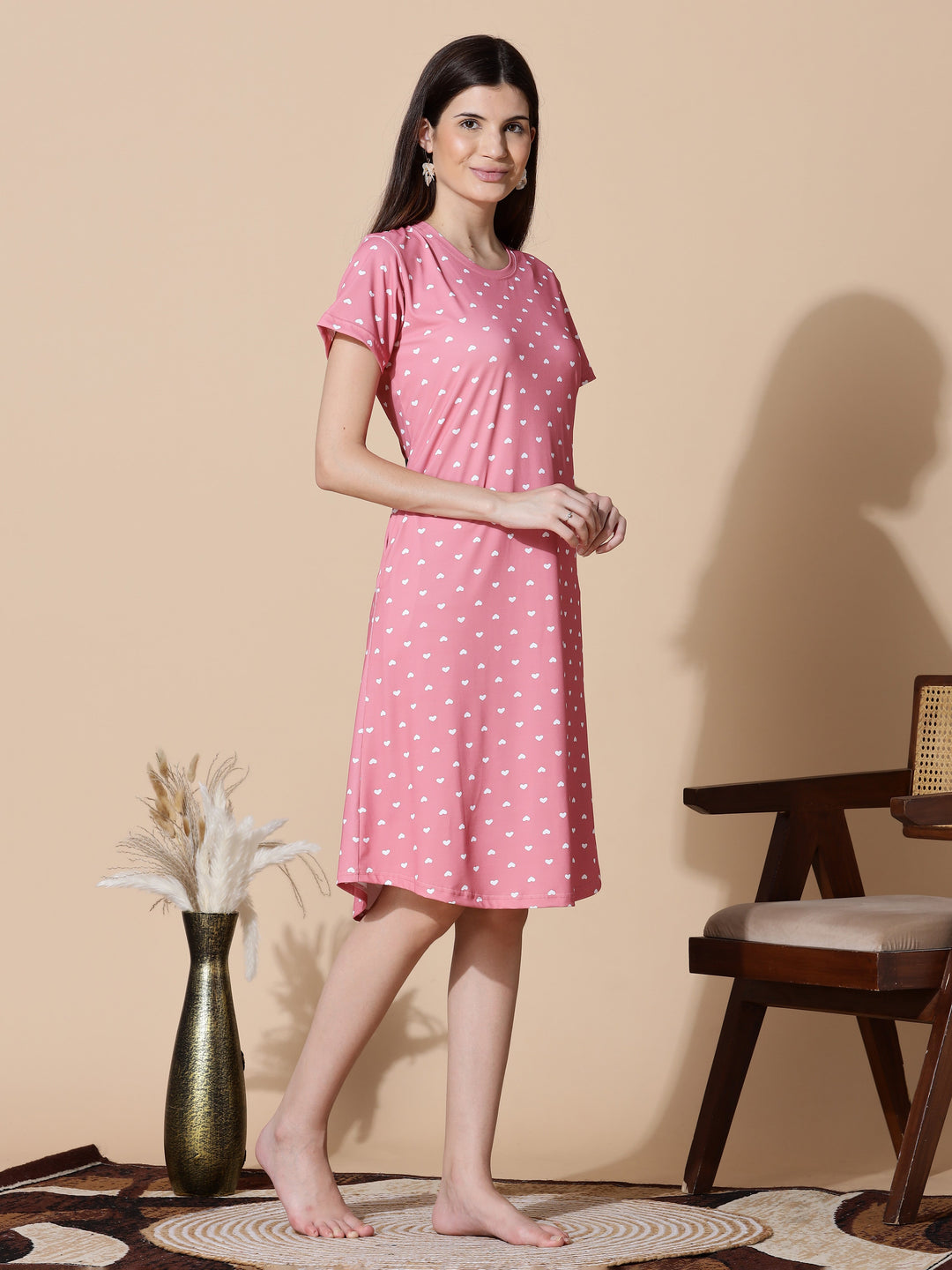 Gloss malai peach pink heart printed short nighty for women