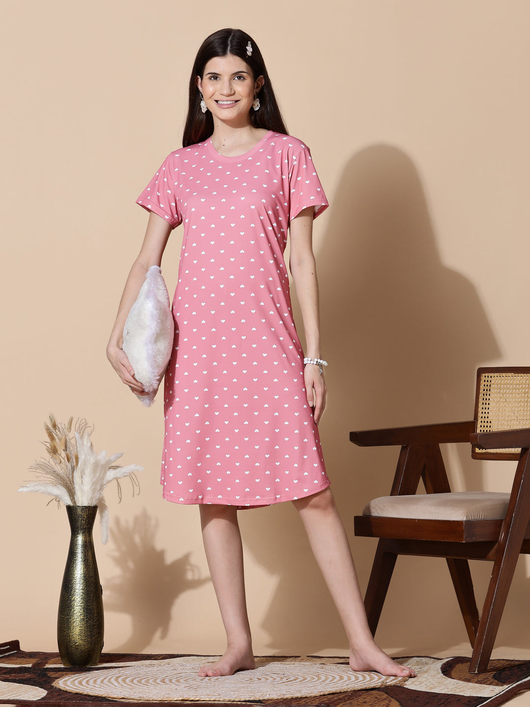 Gloss malai peach pink heart printed short nighty for women