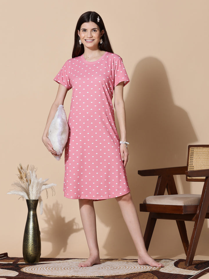 Gloss malai peach pink heart printed short nighty for women