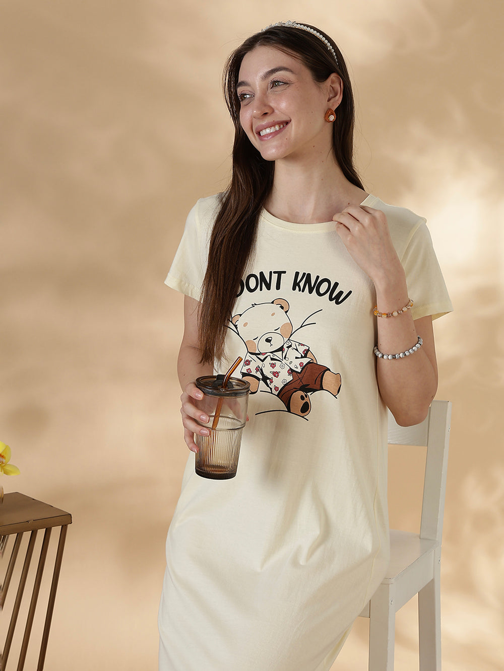 Cream cotton knee length short nighty for women in breathable summer fabric