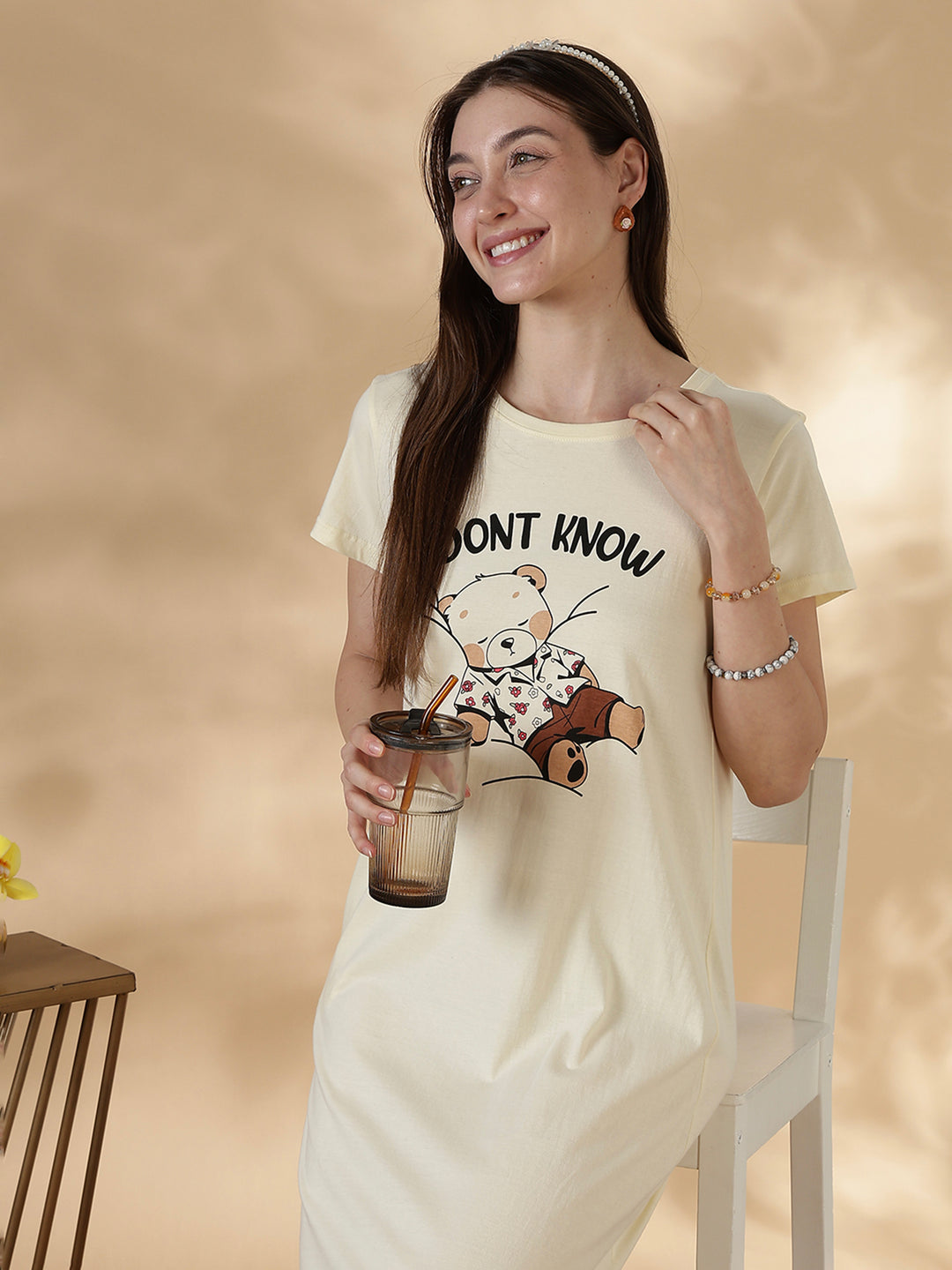 Cream cotton knee length short nighty for women in breathable summer fabric