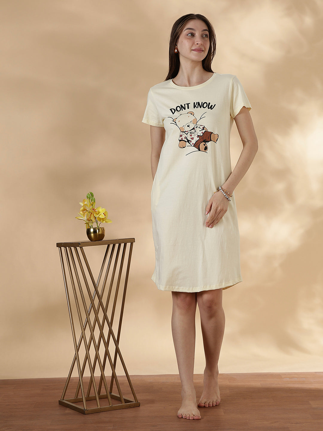 Cream cotton knee length short nighty for women in breathable summer fabric