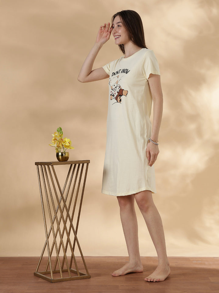 Cream cotton knee length short nighty for women in breathable summer fabric