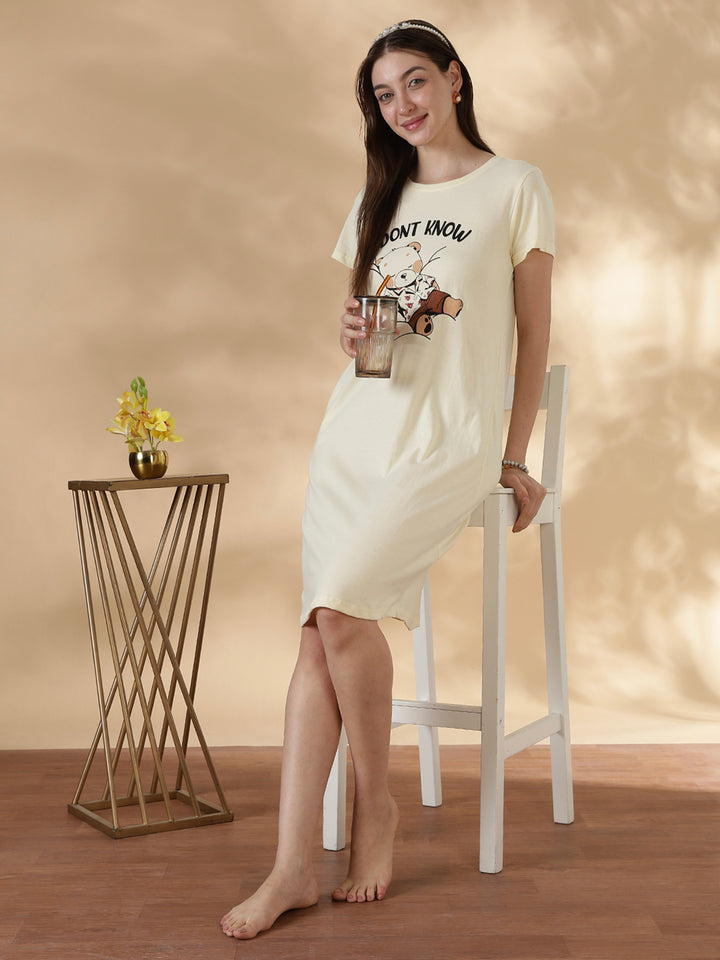 Cream cotton knee length short nighty for women in breathable summer fabric
