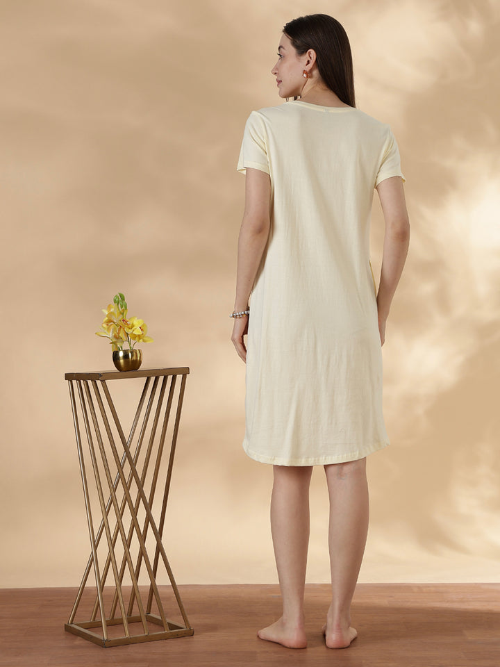 Cream cotton knee length short nighty for women in breathable summer fabric