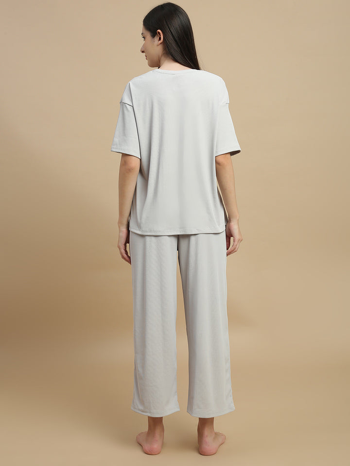 Pearl grey micro rib pyjama set for women