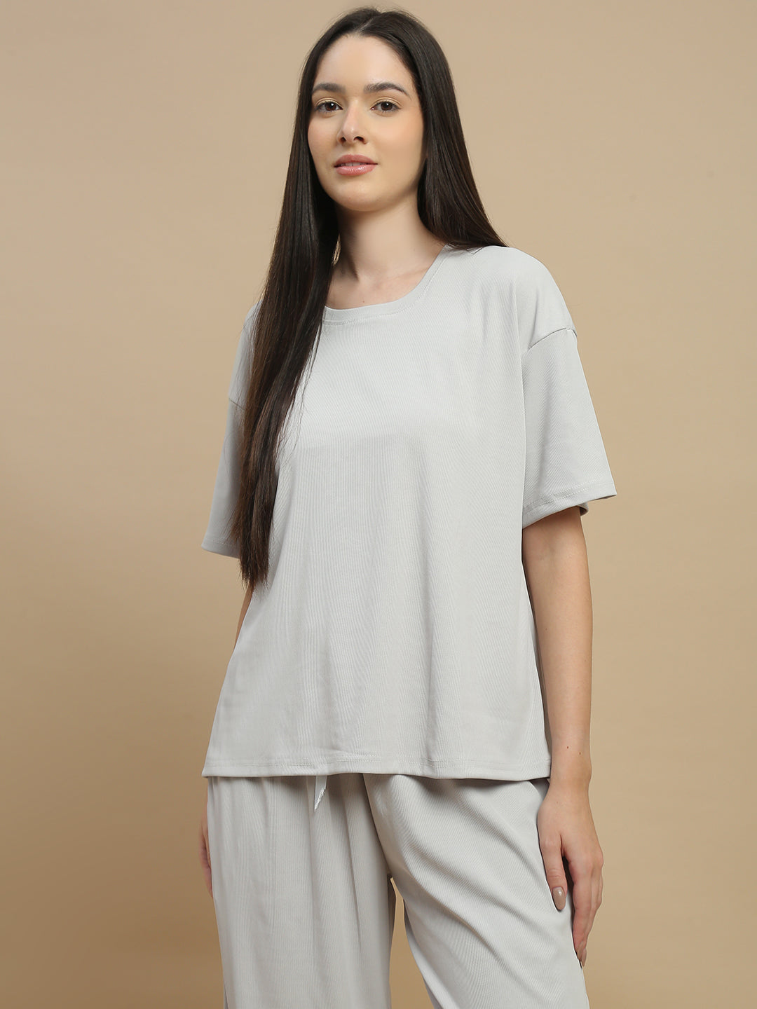 Pearl grey micro rib pyjama set for women