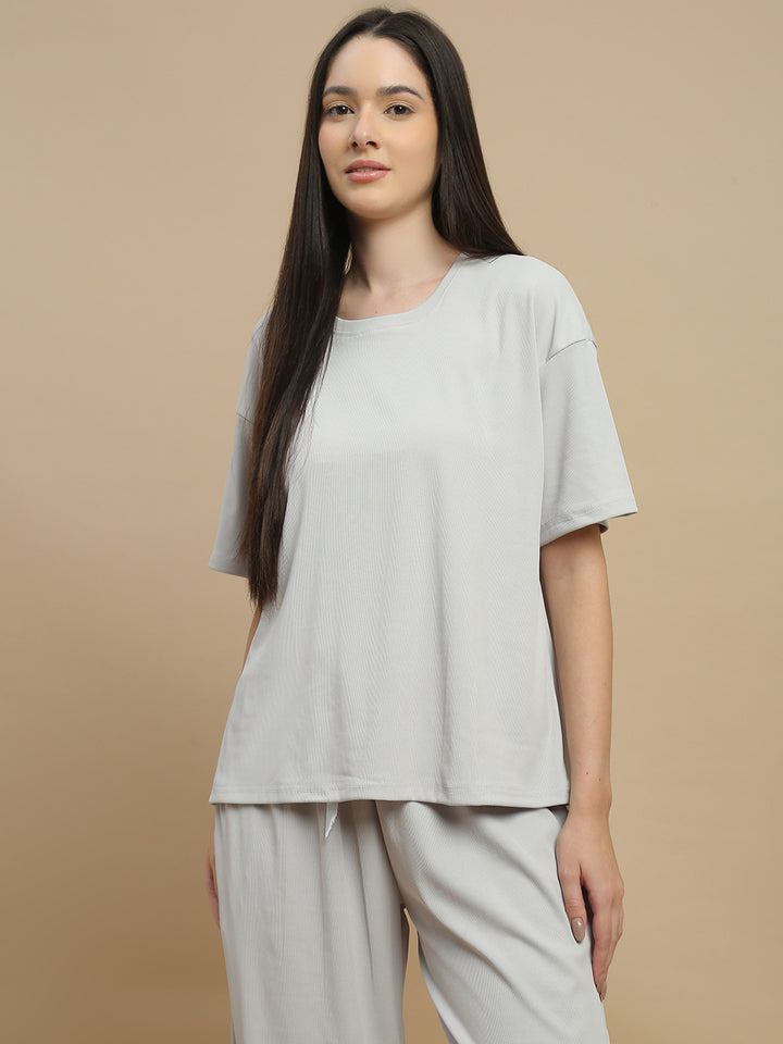 Pearl grey micro rib pyjama set for women