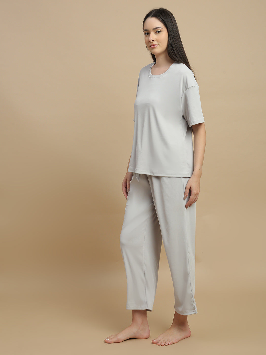 Pearl grey micro rib pyjama set for women