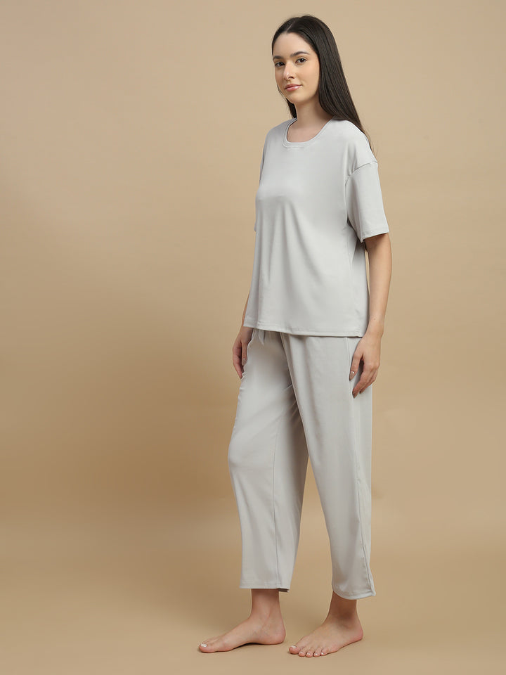 Pearl grey micro rib pyjama set for women