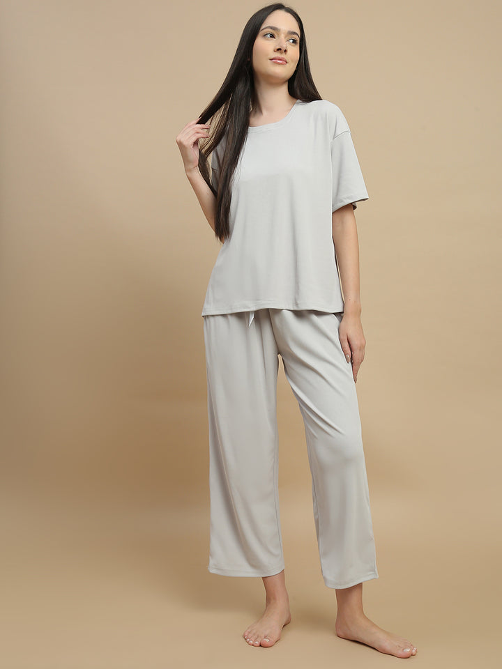 Pearl grey micro rib pyjama set for women