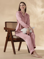 Coffee Nude Satin Long Sleeve Loungewear And Night Suit Set with Minimal Finish
