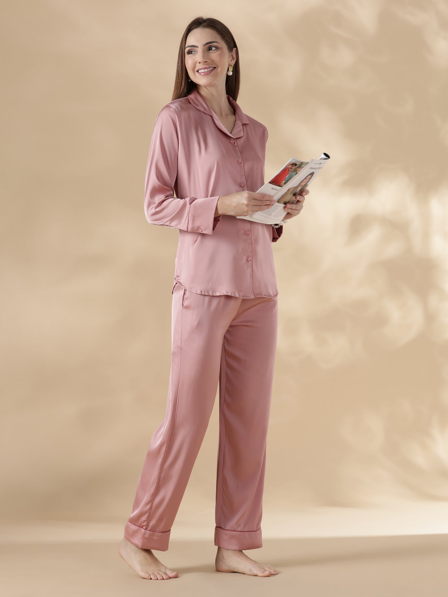 Modern style strawberry pink long sleeve pyjama sets satin