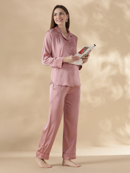 Modern style strawberry pink long sleeve pyjama sets satin