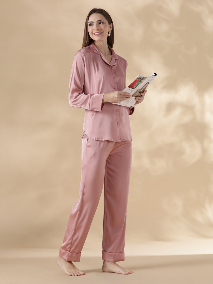 Modern style strawberry pink long sleeve pyjama sets satin