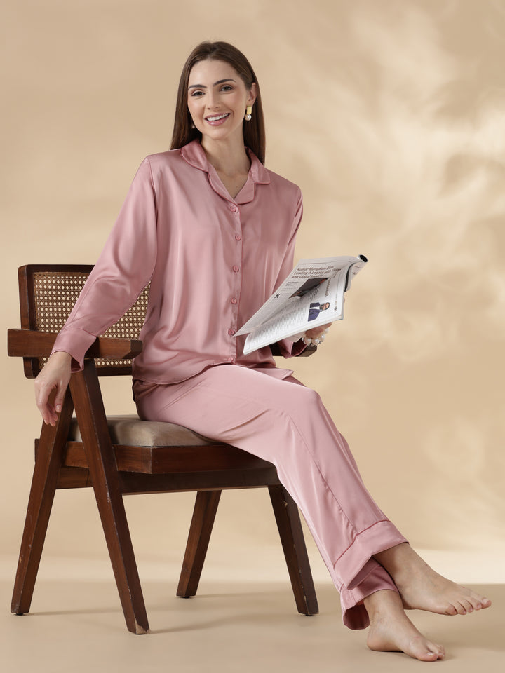 Modern style strawberry pink long sleeve pyjama sets satin