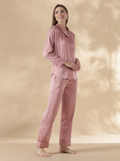 Modern style strawberry pink long sleeve pyjama sets satin