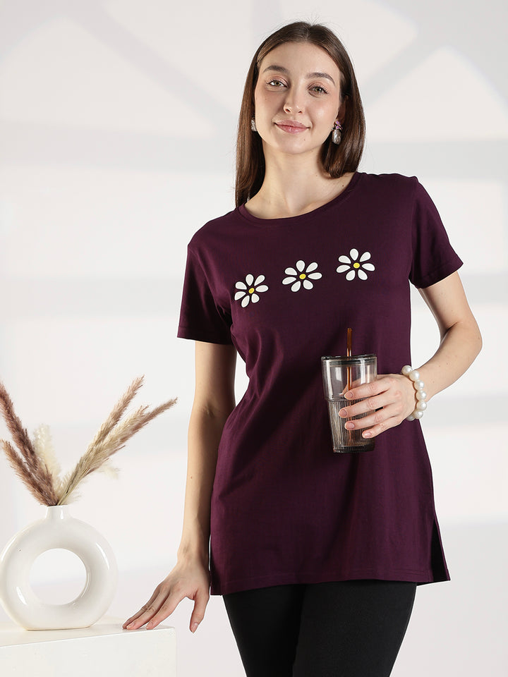Wine cotton long tshirt for women with pocket and comfortable fit