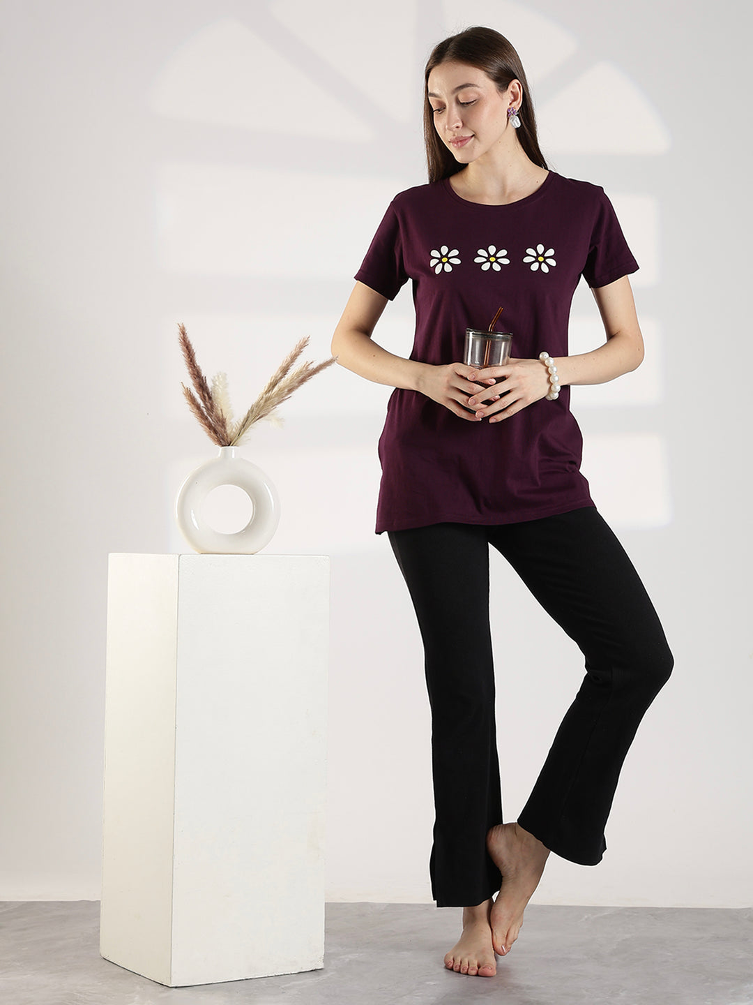 Wine cotton long tshirt for women with pocket and comfortable fit