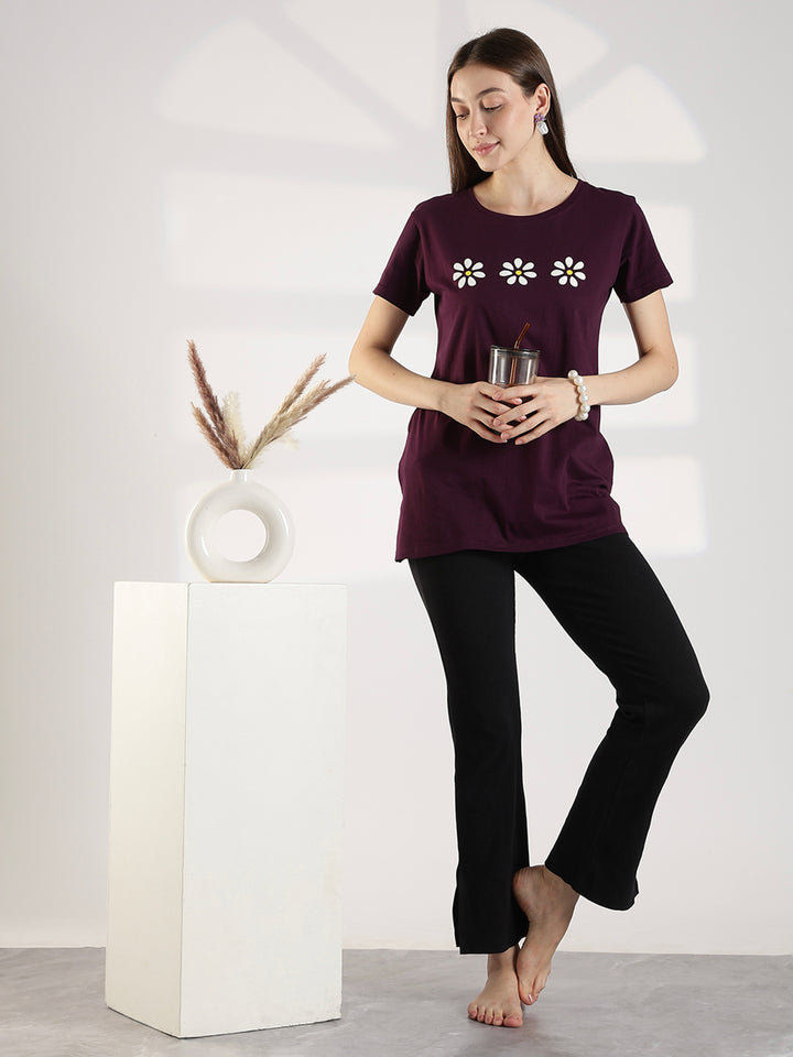 Wine cotton long tshirt for women with pocket and comfortable fit
