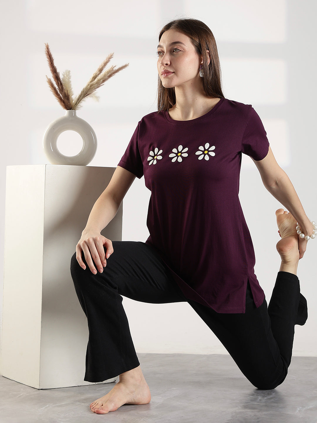 Wine cotton long tshirt for women with pocket and comfortable fit