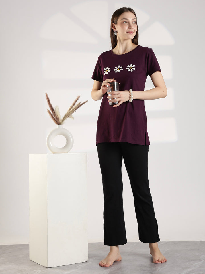 Wine cotton long tshirt for women with pocket and comfortable fit