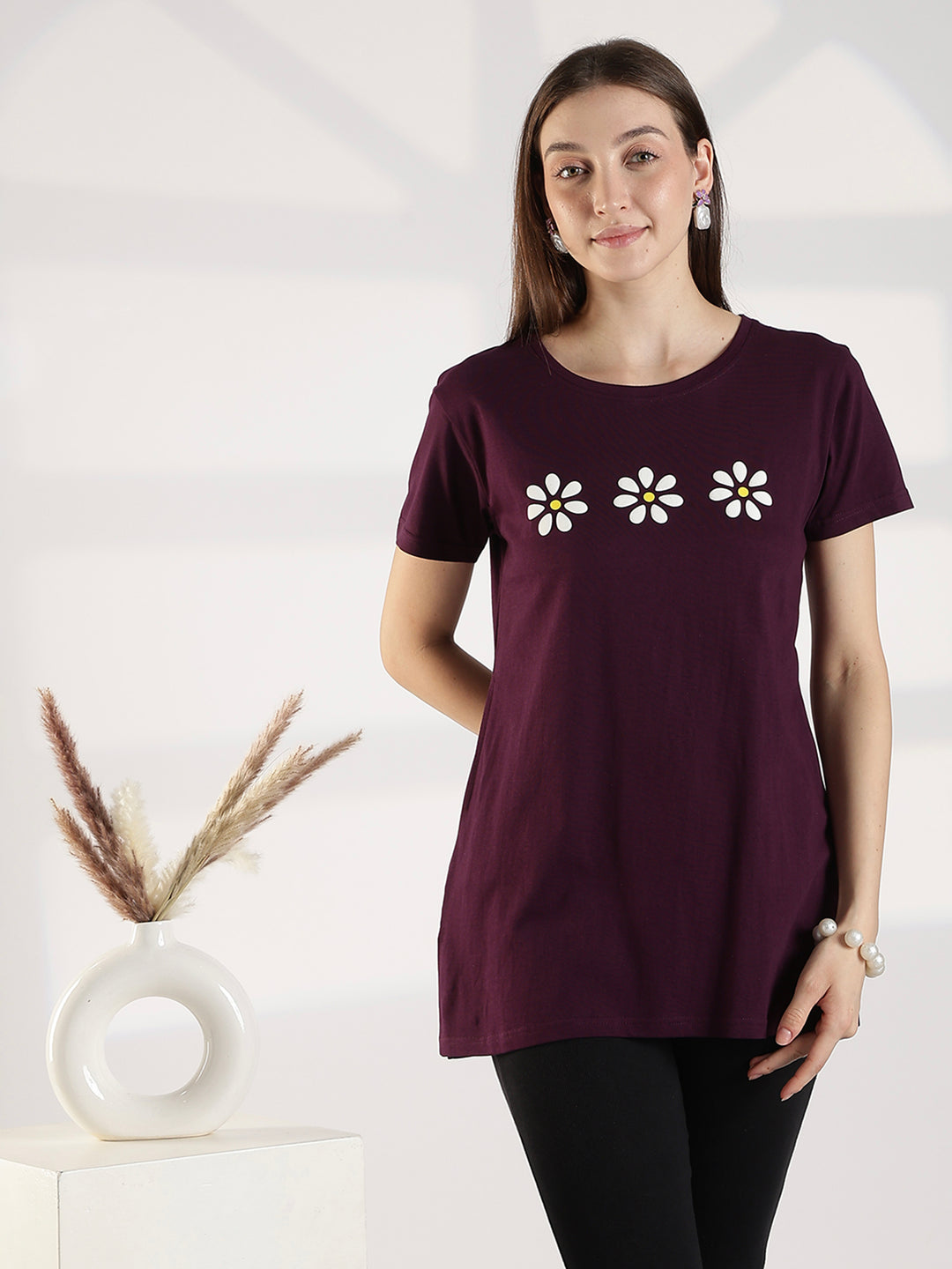 Wine cotton long tshirt for women with pocket and comfortable fit