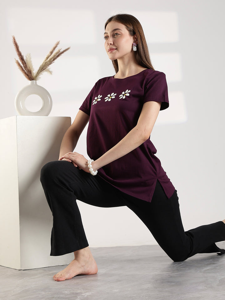 Wine cotton long tshirt for women with pocket and comfortable fit