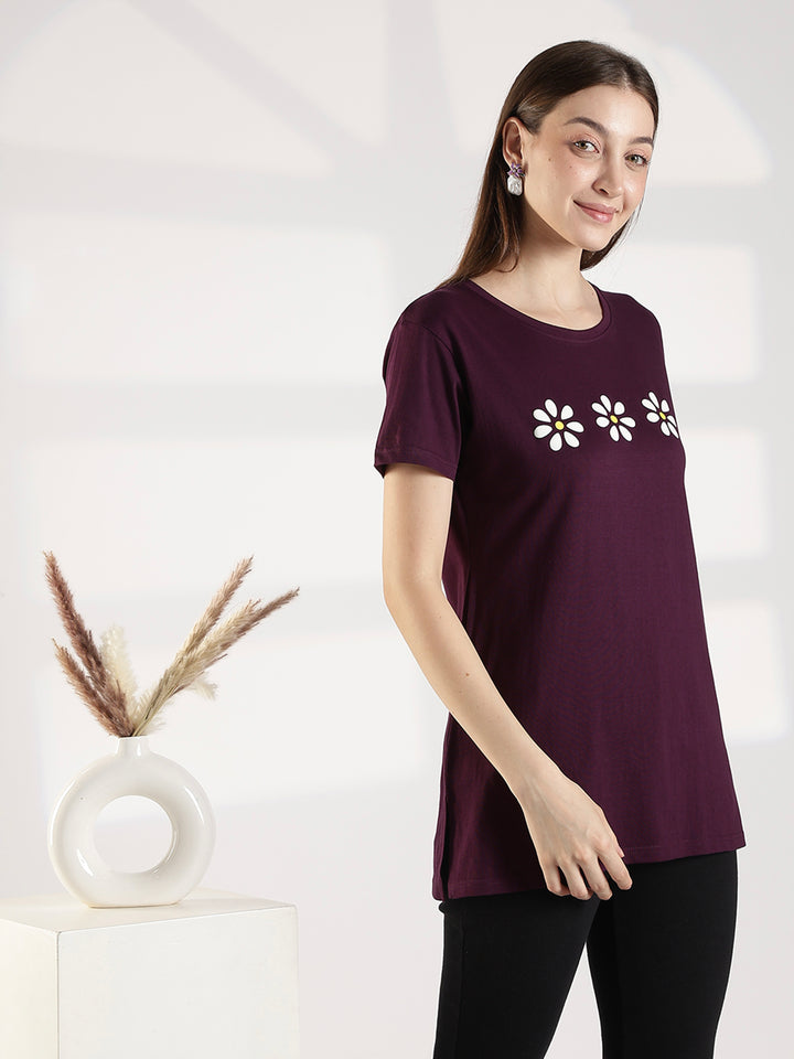 Wine cotton long tshirt for women with pocket and comfortable fit