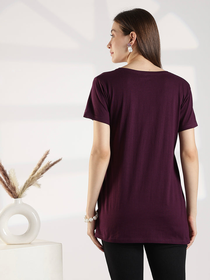 Wine cotton long tshirt for women with pocket and comfortable fit
