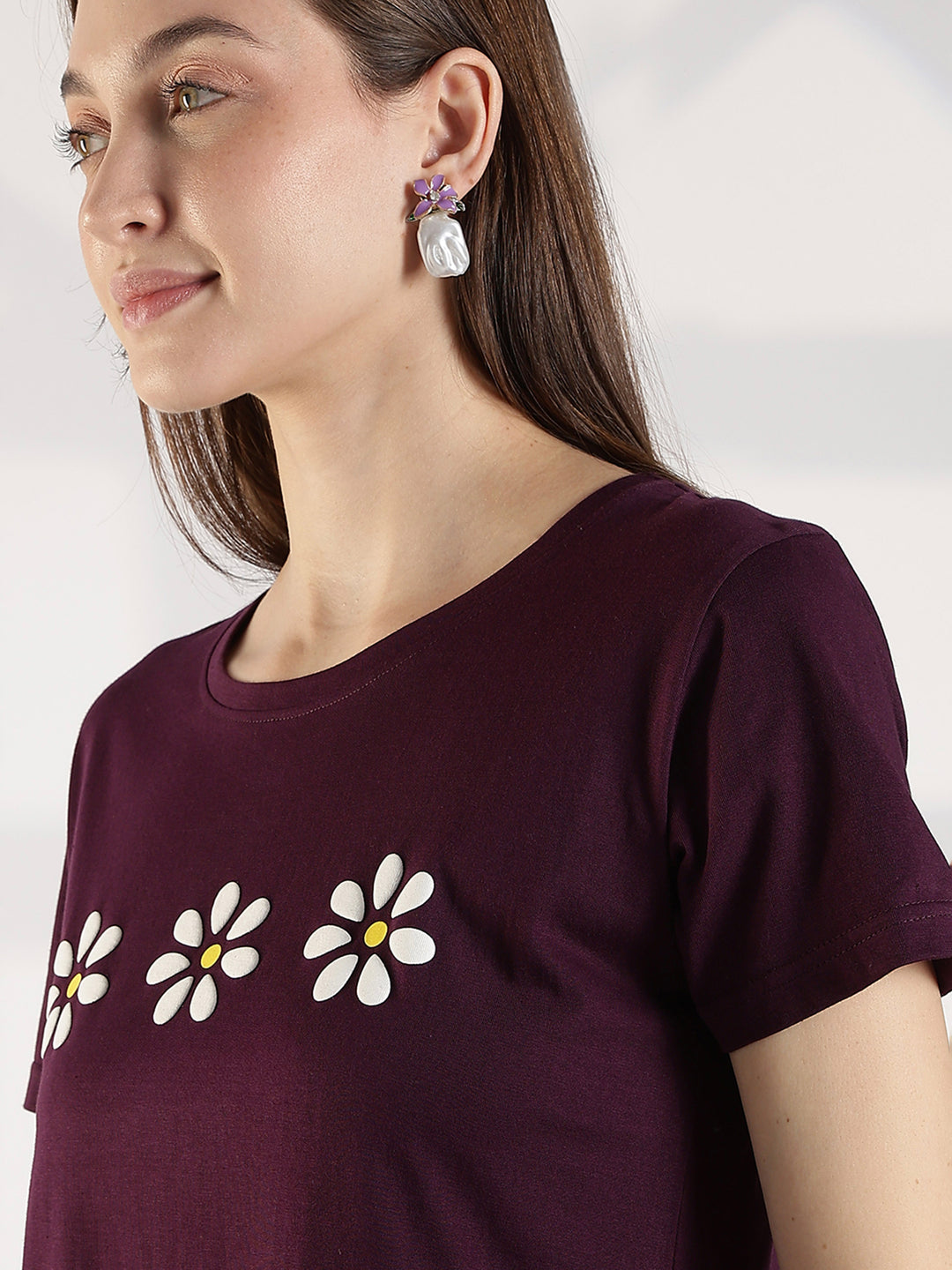 Wine cotton long tshirt for women with pocket and comfortable fit