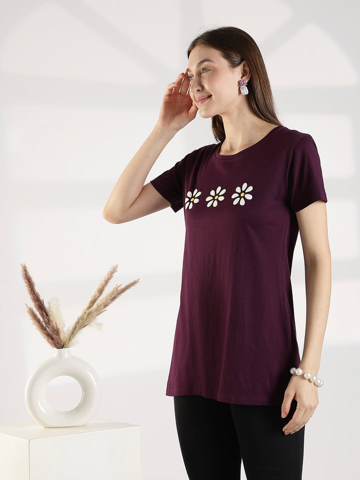 Wine cotton long tshirt for women with pocket and comfortable fit