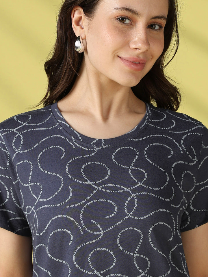 Twisty blue swirl print short nighty dress for women