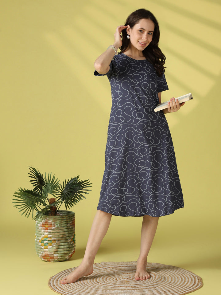 Twisty blue swirl print short nighty dress for women