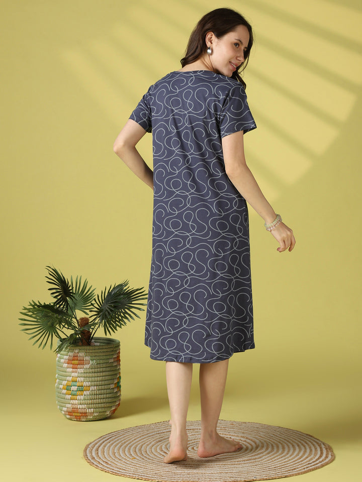 Twisty blue swirl print short nighty dress for women