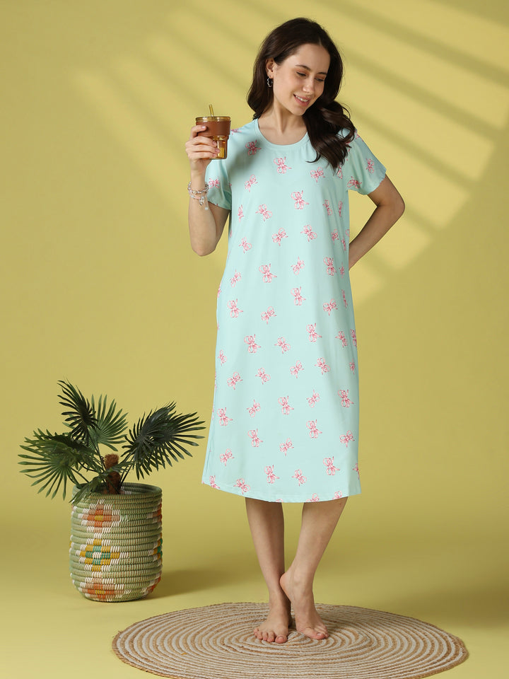 Tiffany blue bow print short nighty dress for women
