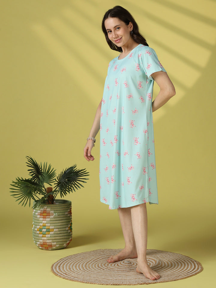 Tiffany blue bow print short nighty dress for women