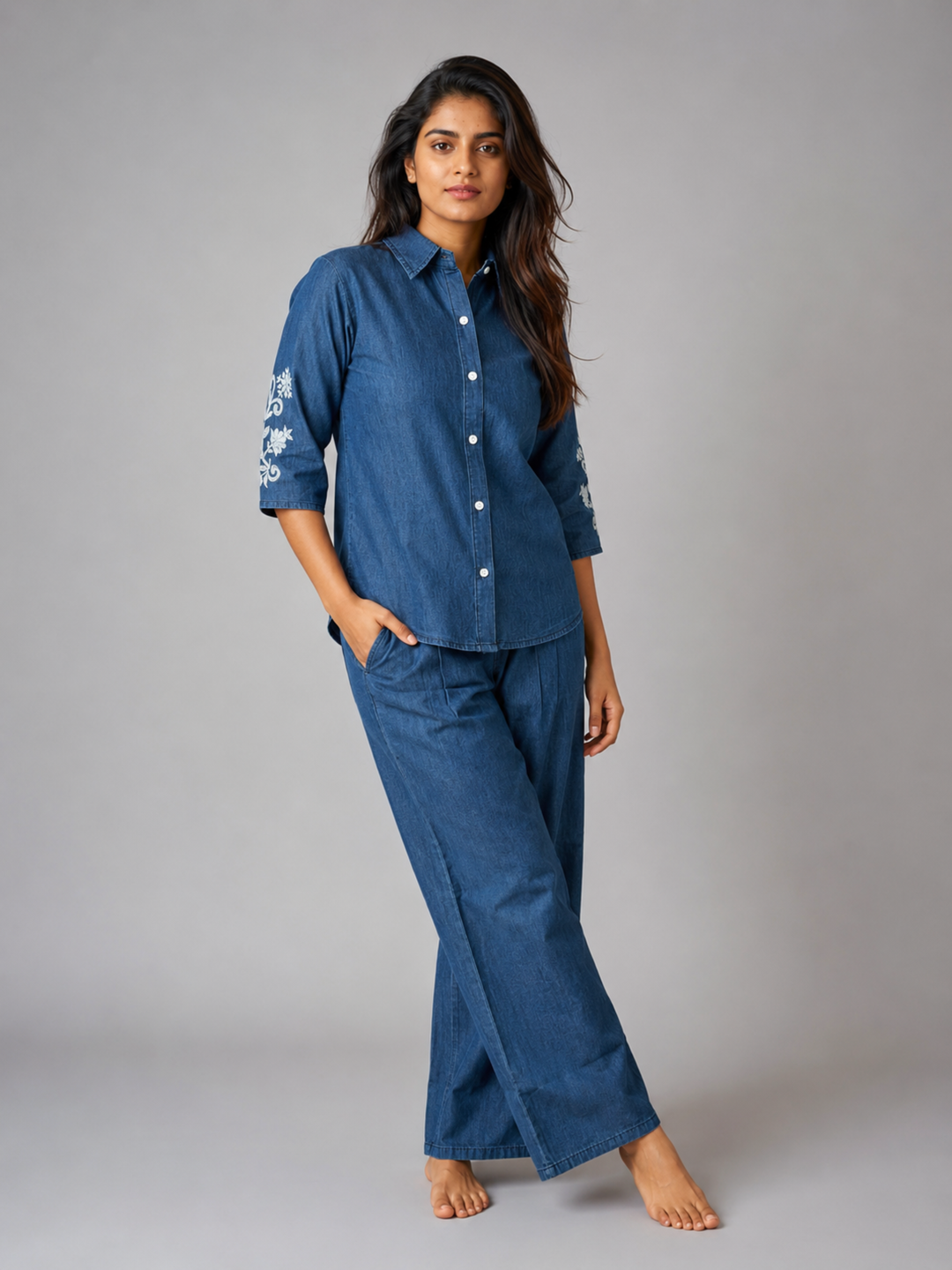 Light blue denim wash pure cotton co ord set for women