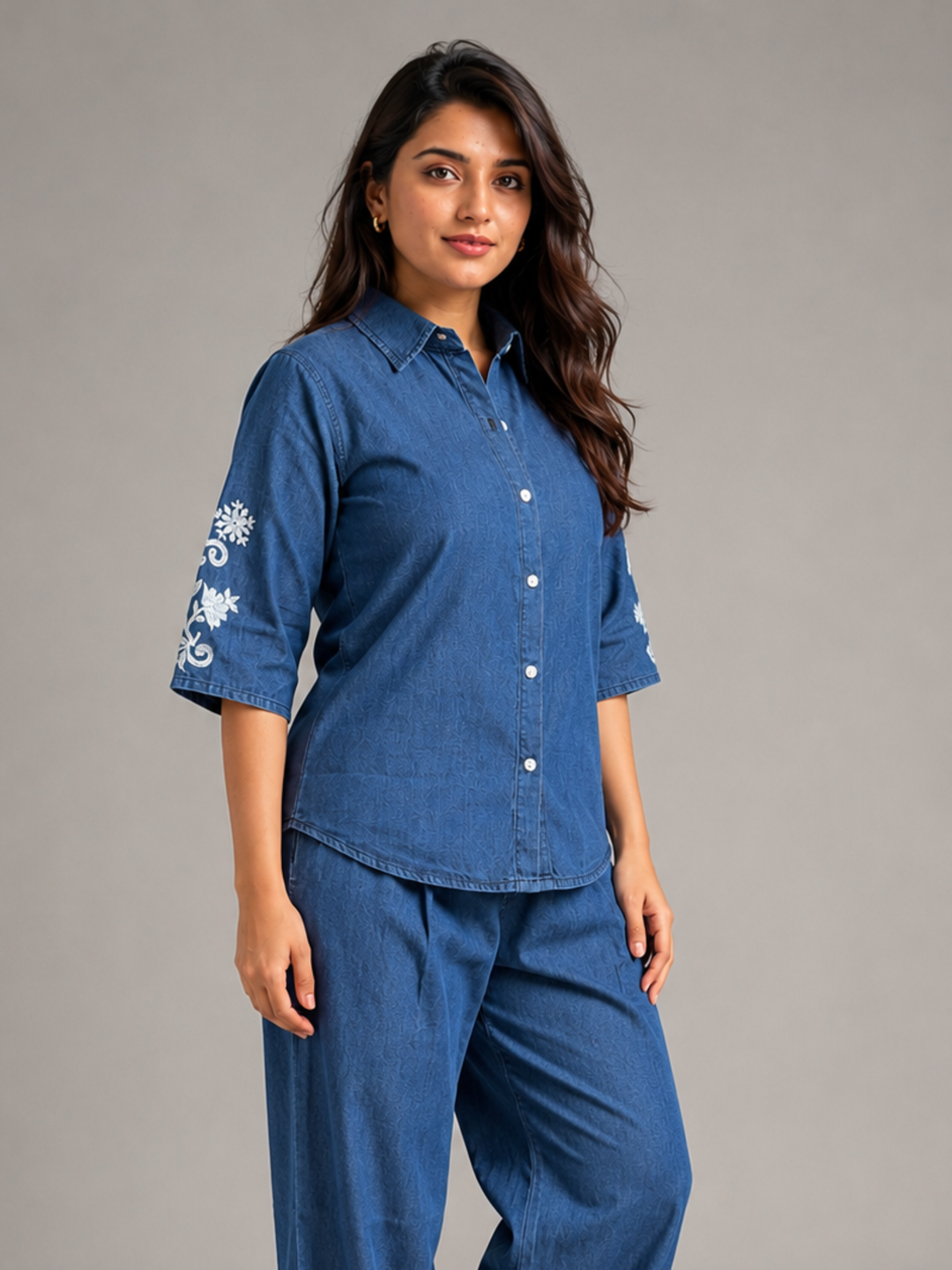 Light blue denim wash pure cotton co ord set for women