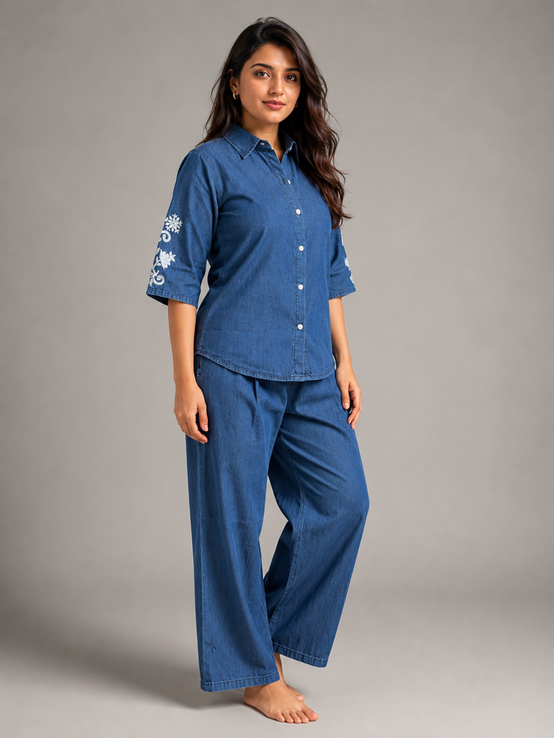 Light blue denim wash pure cotton co ord set for women