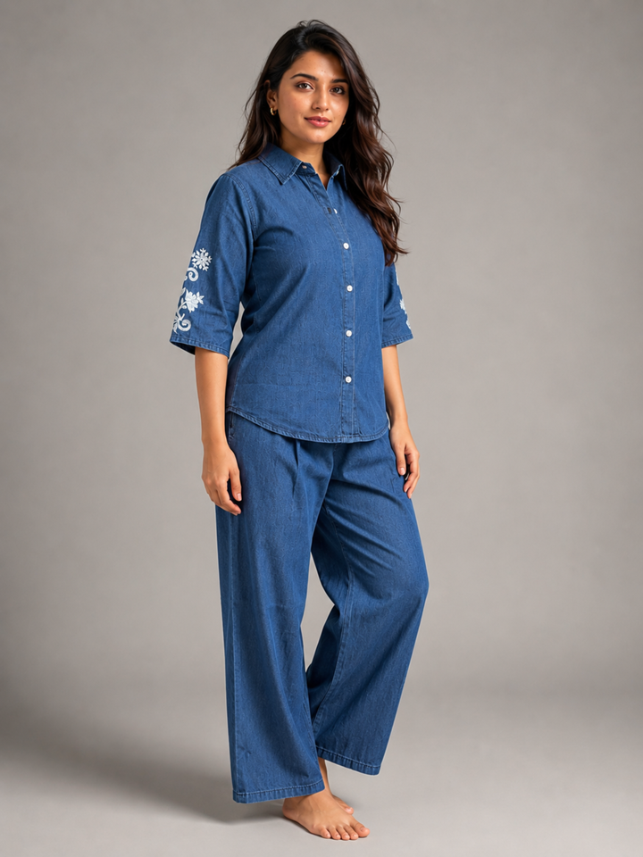 Light blue denim wash pure cotton co ord set for women