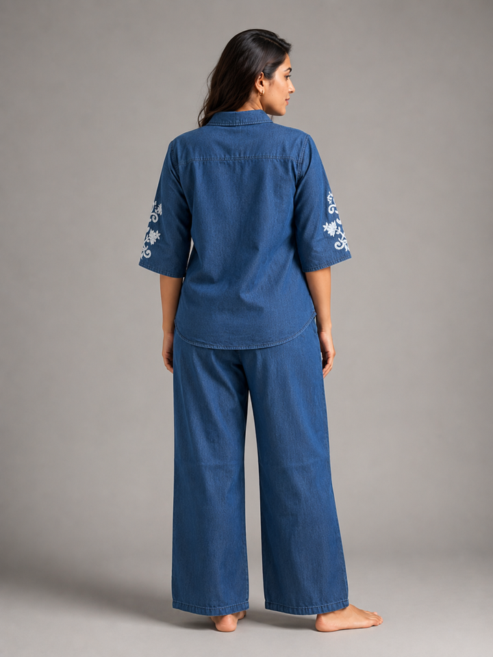 Light blue denim wash pure cotton co ord set for women