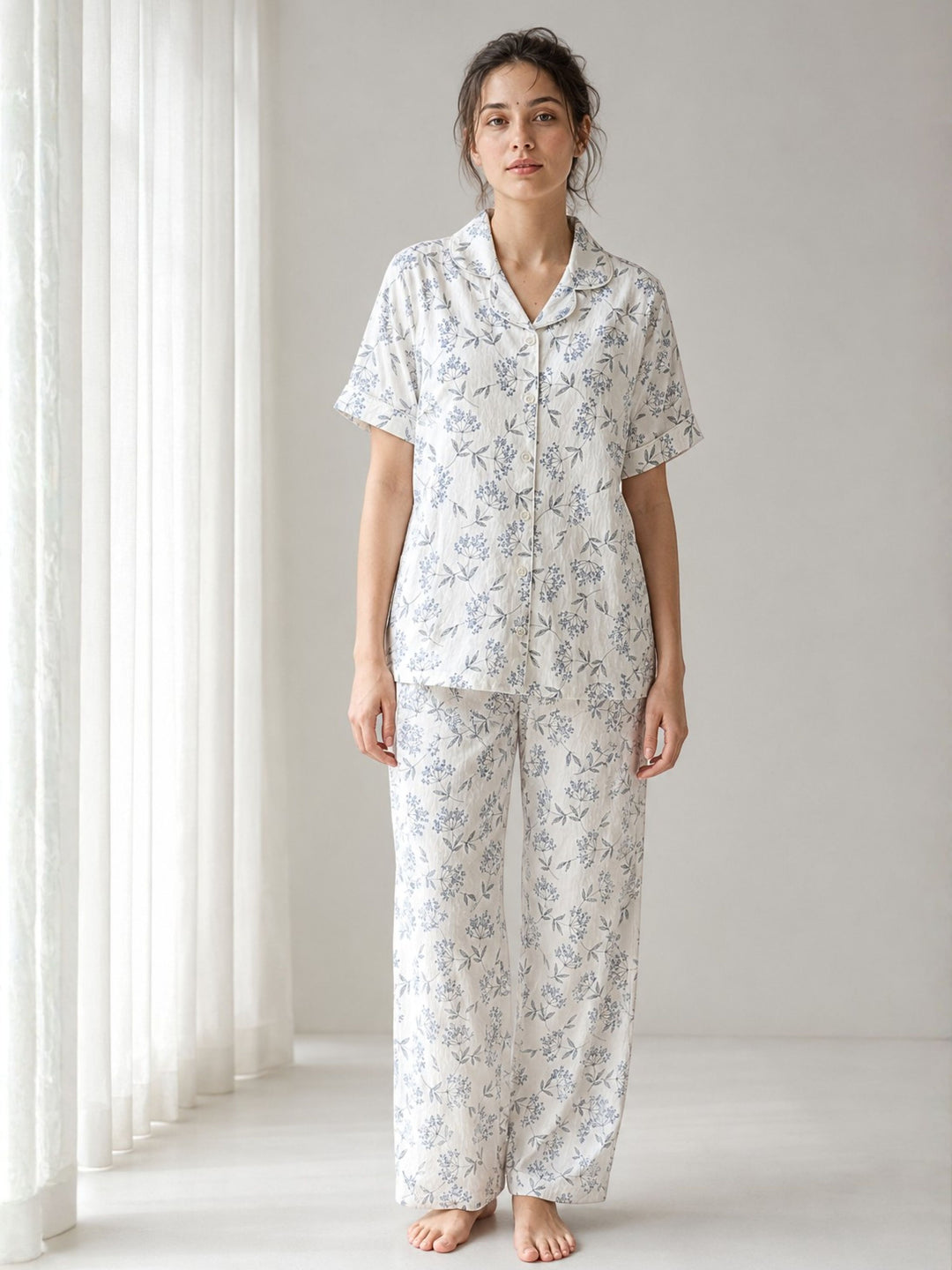 white bamboo feel crush cotton floral pyjama set online