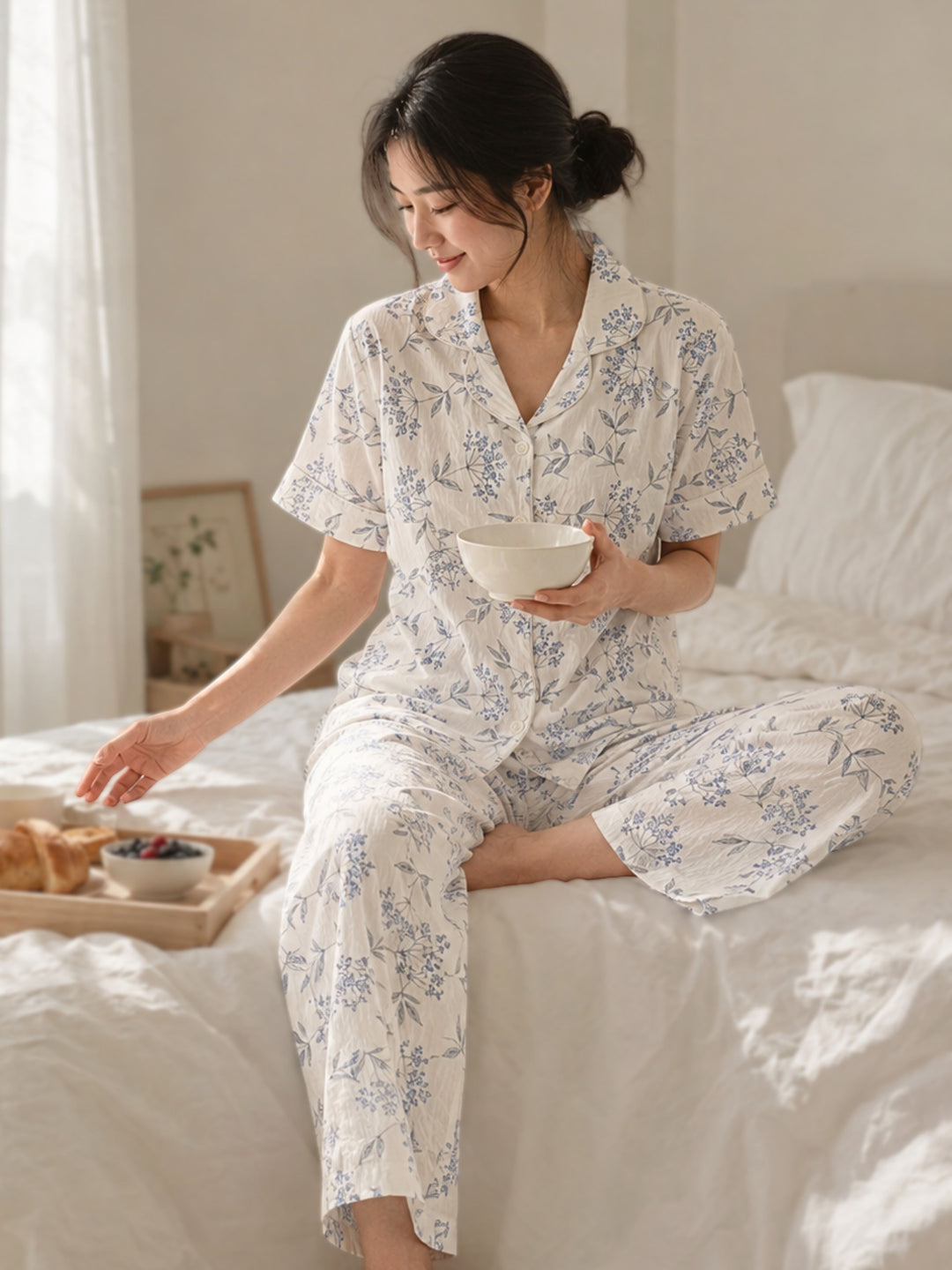 white bamboo feel crush cotton floral pyjama set online