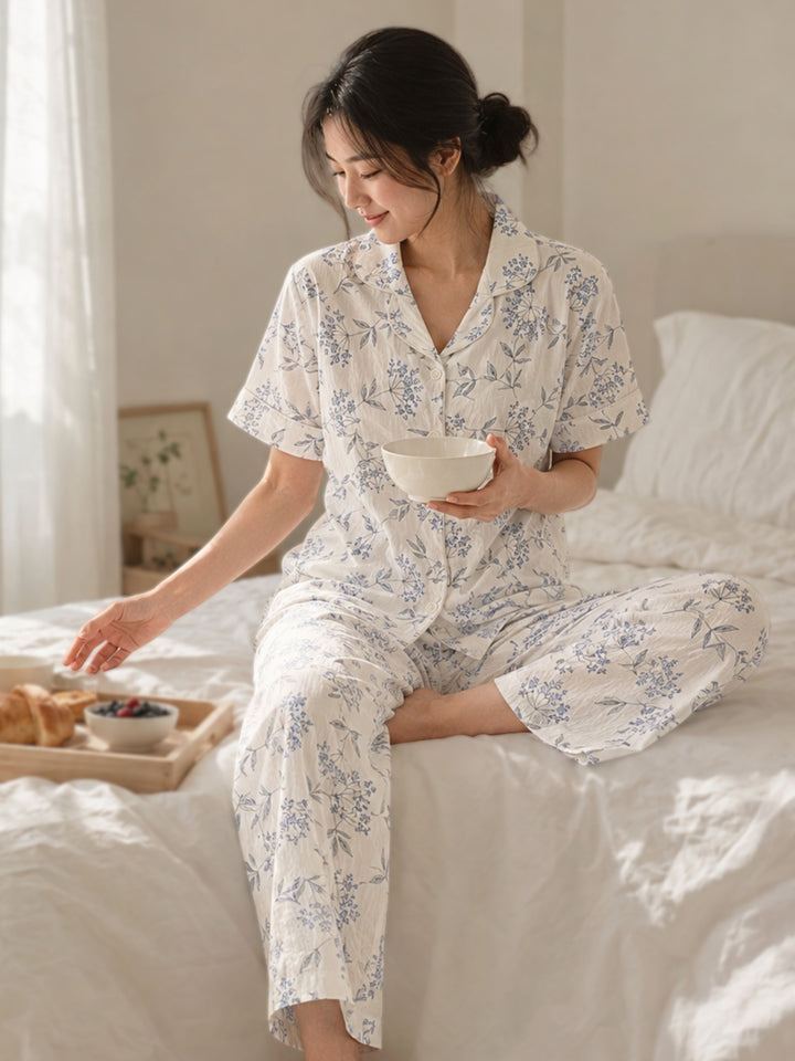 white bamboo feel crush cotton floral pyjama set online
