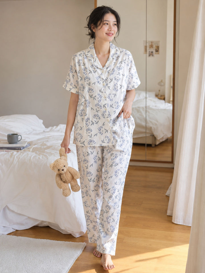 white bamboo feel crush cotton floral pyjama set online