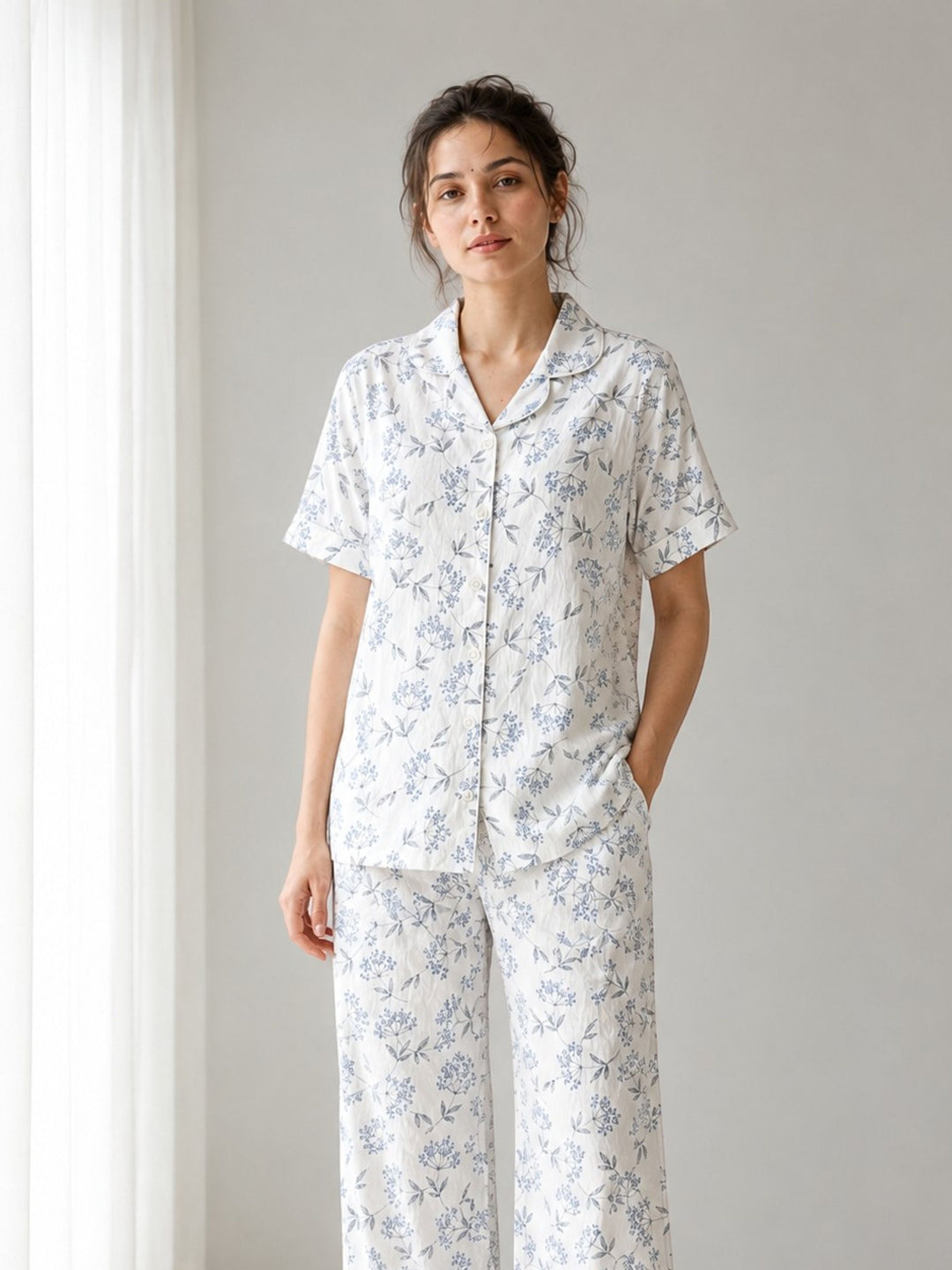 white bamboo feel crush cotton floral pyjama set online