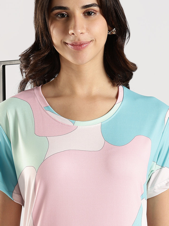 Gloss malai soft lycra white printed short nighty dress